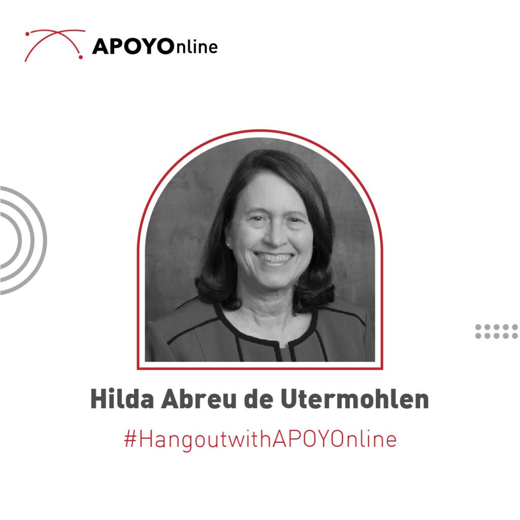  An image featuring volunteer Hilda Abreu de Utermohlen with APOYOnline logo and the hashtag Hangout With APOYOnline